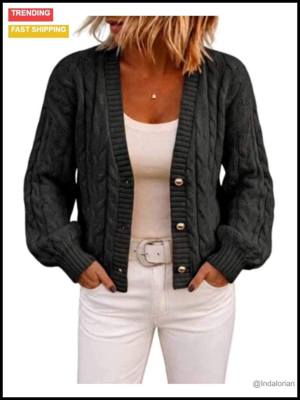 Cable Knit Open Front Cropped Cardigan Sweater Lantern Sleeve